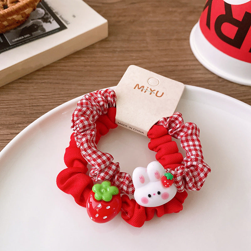 Versatile Red Cute Strawberry Little Bunny Fabric Hair Rope Hair Tie-2