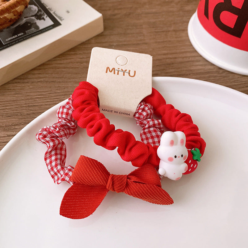 Versatile Red Cute Strawberry Little Bunny Fabric Hair Rope Hair Tie-3