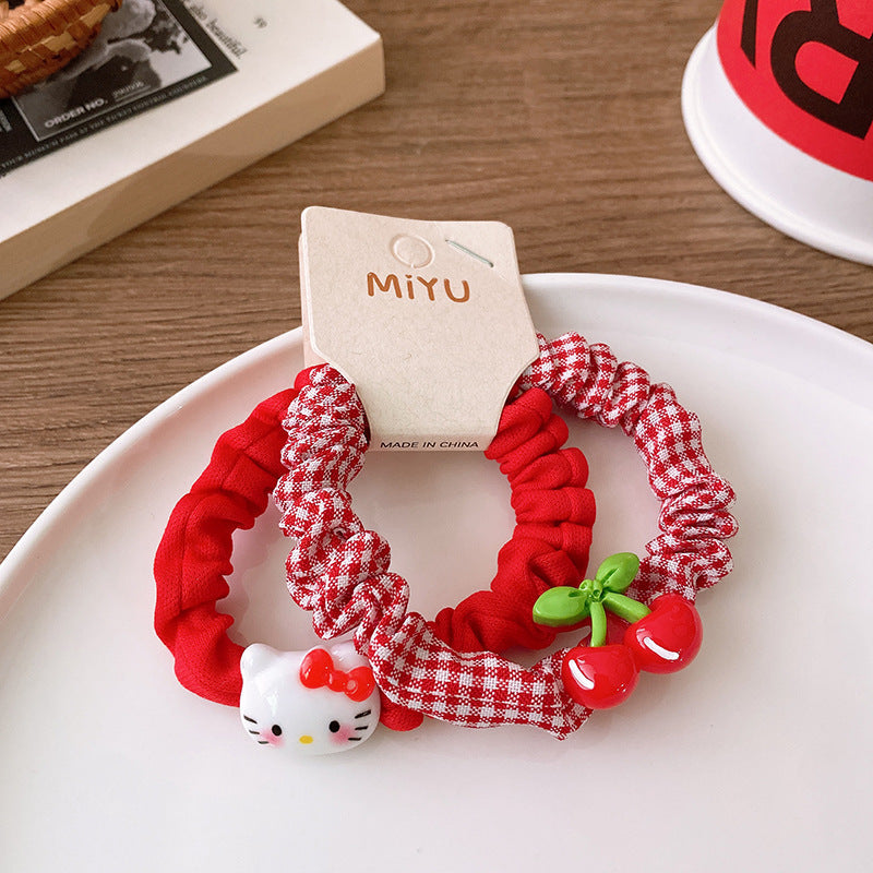 Versatile Red Cute Strawberry Little Bunny Fabric Hair Rope Hair Tie-5