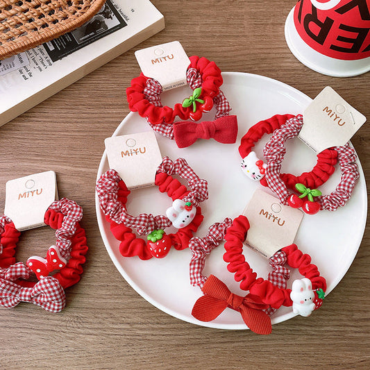 Versatile Red Cute Strawberry Little Bunny Fabric Hair Rope Hair Tie-0